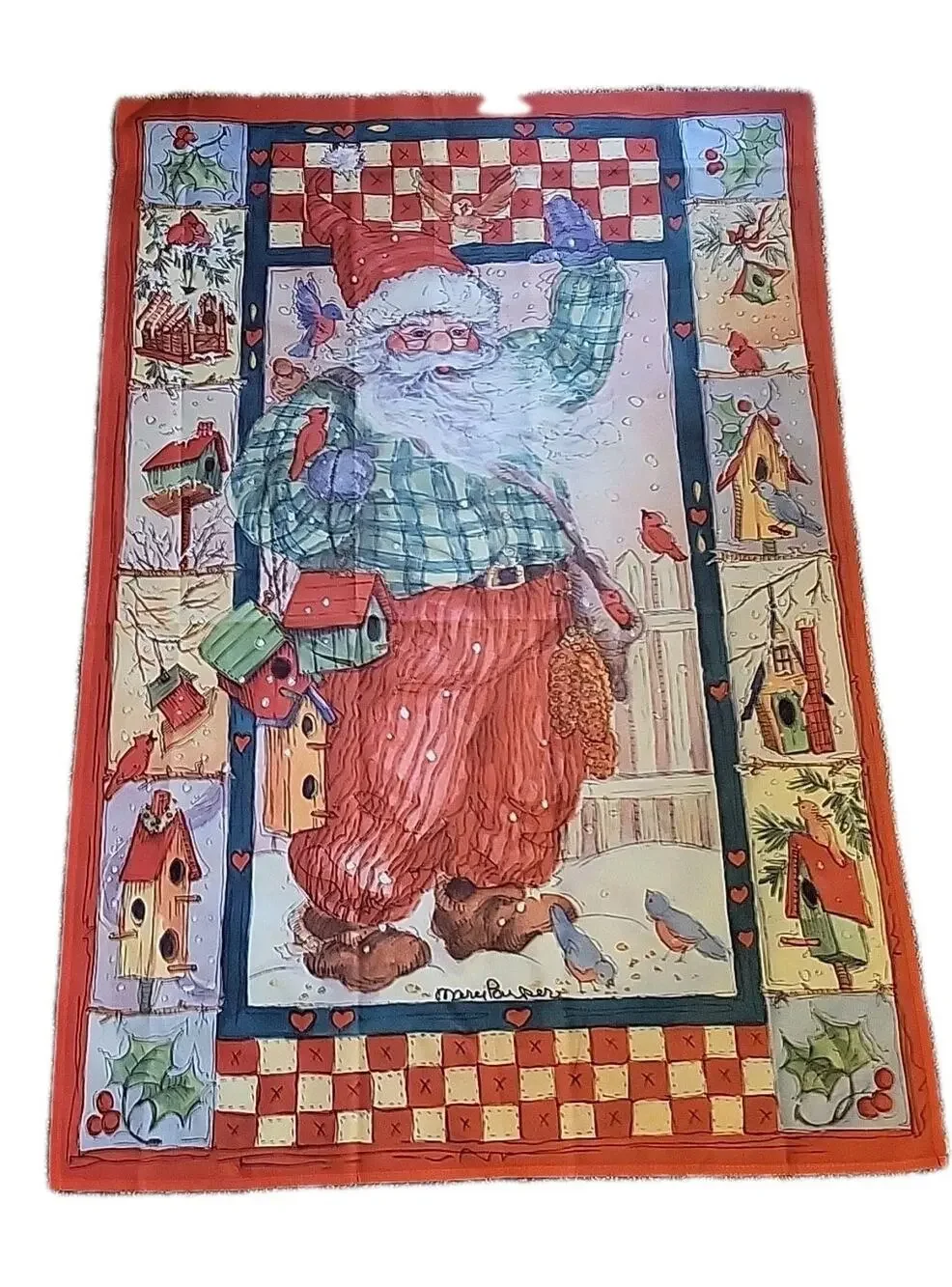 SANTA CLAUS & BIRDHOUSES Christmas decorative flag by Mary Parker 27 x 40 in